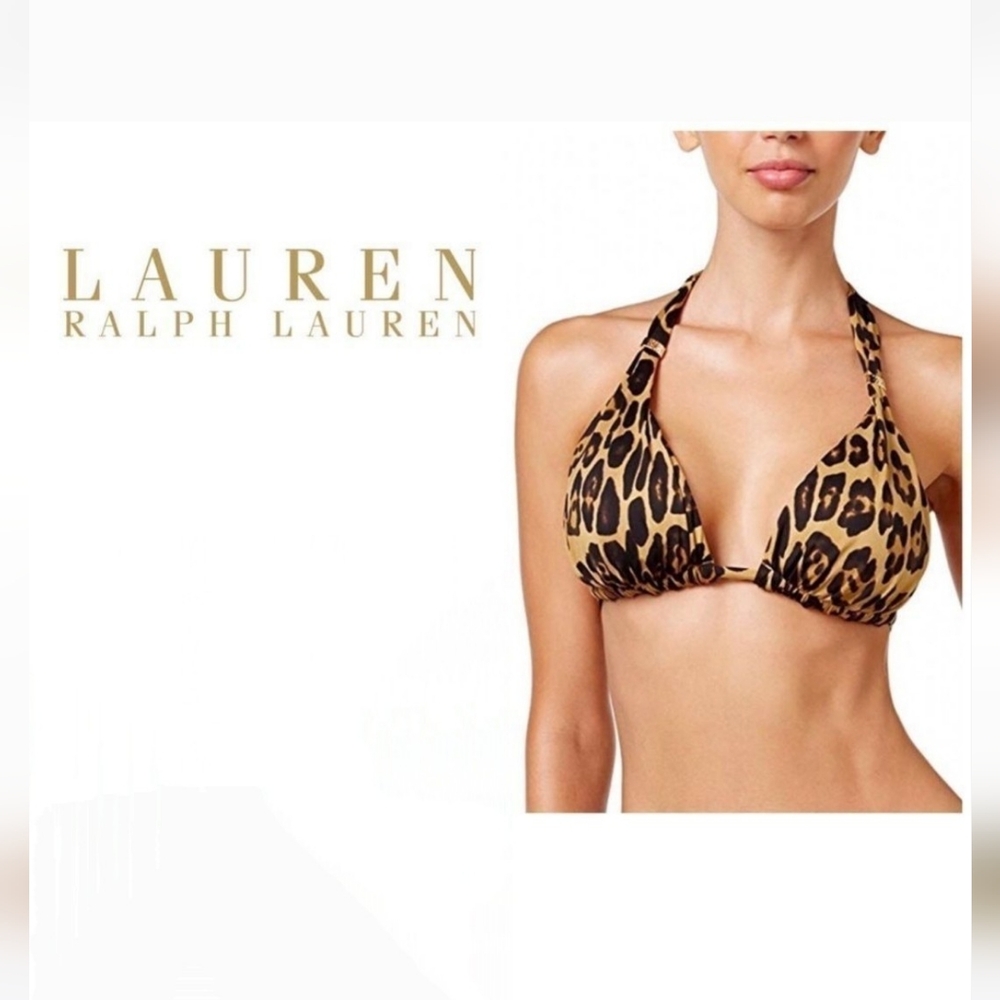 RALPH LAUREN Chetah Tan Cream Print Triangle Bikini Top Size 12 NEW
